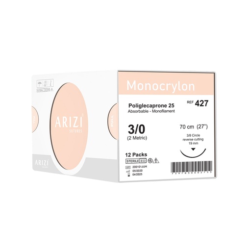[SUT-MON-ARI-KIT3] Sutura Monocrylon 427: Poliglecaprone 25 3/0 - 70 cm - Aguja de 3/8 Corte inverso 19 mm Caja x 12 Unds ARIZI Absorbible