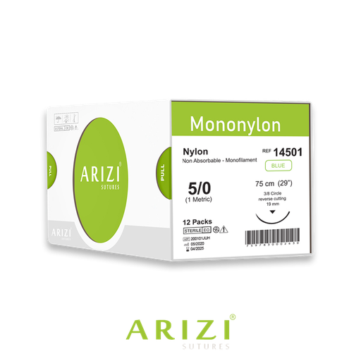 [SUT-MON-ARI-KIT4] Sutura Mononylon 14501: Nylon 5/0 - 75 cm - Aguja de 3/8 Corte inverso 19 mm Caja x 12 Unds ARIZI No Absorbible