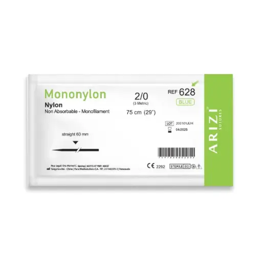 [SUT-MON-ARI-BASE6] Sutura Mononylon 628: Nylon 2/0 - 75 cm - Aguja recta de Corte inverso 60 mm Und ARIZI No Absorbible 