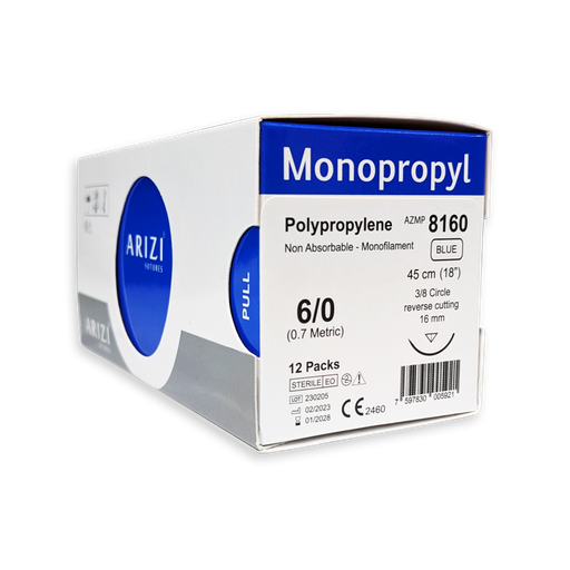 [SUT-MON-ARI-KIT7] Sutura Monopropyl 8160: Polipropileno 6/0 - 45 cm - Aguja de 3/8 Corte inverso 16 mm Caja x 12 Unds ARIZI No Absorbible