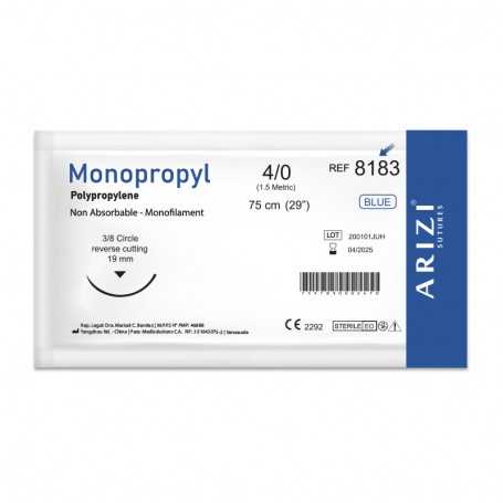 [SUT-MON-ARI-BASE8] Sutura Monopropyl 8183: Polipropileno 4/0 - 75 cm - Aguja de 3/8 Corte Inverso 19 mm Und ARIZI No Absorbible 