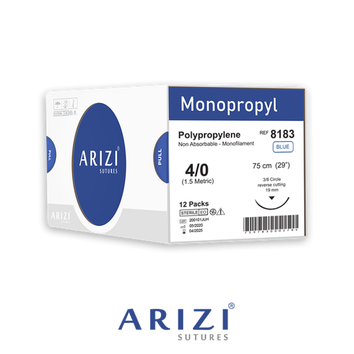 [SUT-MON-ARI-KIT8] Sutura Monopropyl 8183: Polipropileno 4/0 - 75 cm - Aguja de 3/8 Corte Inverso 19 mm Caja x 12 Unds ARIZI No Absorbible 