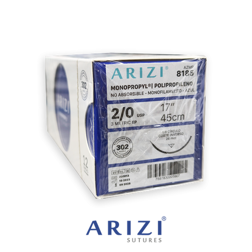 [SUT-MON-ARI-KIT9] Sutura Monopropyl 8185: Polipropileno 2/0 - 45 cm - Aguja de 3/8 Corte Inverso 26 mm Caja x 12 Unds ARIZI No Absorbible