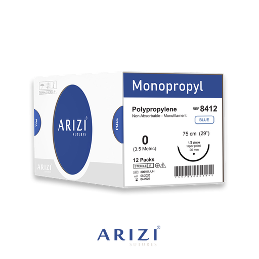 [SUT-MON-ARI-KIT10] Sutura Monopropyl 8412: Polipropileno 0 - 75 cm - Aguja de 1/2 Circulo Punta Conica 26 mm Caja x 12 Unds ARIZI No Absorbible
