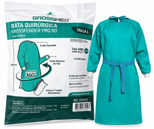 [BAT-CIR-GRO-BASE2] Bata para Cirujano Grossfender Pro Talla L 60g Und GROSSMED Estéril