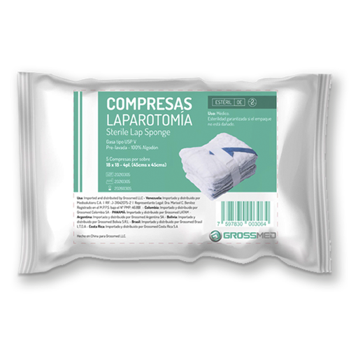 [COM-LAP-GRO-BASE1] Compresa de Laparotomia 18x18 Paquete x 5 Unds GROSSMED 