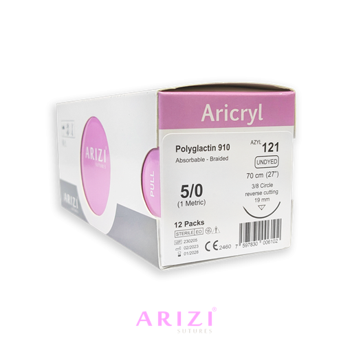 [SUT-ARI-ARI-KIT1] Sutura Aricryl 121: Acido Poliglicolico 5/0 70cm, aguja de 3/8 Corte Inverso 19mm Caja x 12 Unds ARIZI