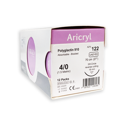 [SUT-AR-ARI-KIT2] Sutura Aricryl 122: Acido Poliglicolico 4/0 70cm, aguja de 3/8 Corte Inverso 19mm Caja x 12 Unds ARIZI Absorbible