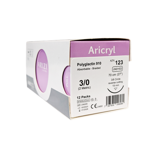 [SUT-ARI-ARI-KIT3] Sutura Aricryl 123 Acido Poliglicolico 3/0 70cm, aguja de 3/8 Corte Inverso 19mm Caja x 12 Unds ARIZI Absorbible