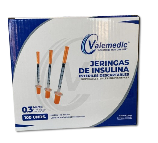 Jeringa de Insulina Esteril Descartable con Aguja Caja x 100 Unds VALEMEDIC