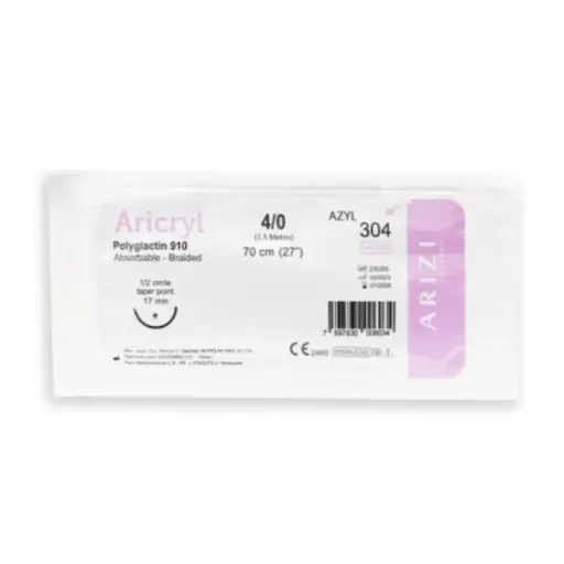 [SUT-ARI-ARI-BASE4] Sutura Aricryl 304 Acido Poliglicolico 4/0 70cm, aguja de 1/2 Circulo Punta Conica 17mm Und ARIZI Absorbible