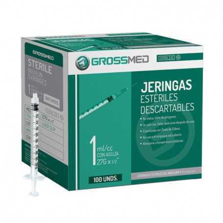 [JER-INS-GRO-KIT3] Jeringa 1ml/cc Descartable Luer Slip Con Aguja 27Gx1/2" Caja x 100 Unds GROSSMED