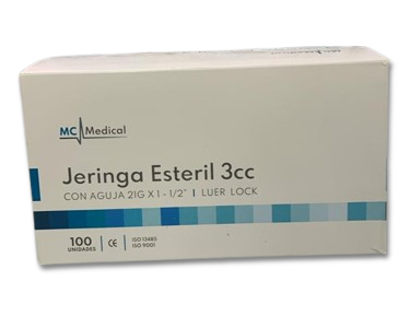 [JER-LUE-MCM-KIT] Jeringa 3ml/cc Luer Lock Con Aguja 21G x 11/2" Caja x 100 Unds MC MEDICAL