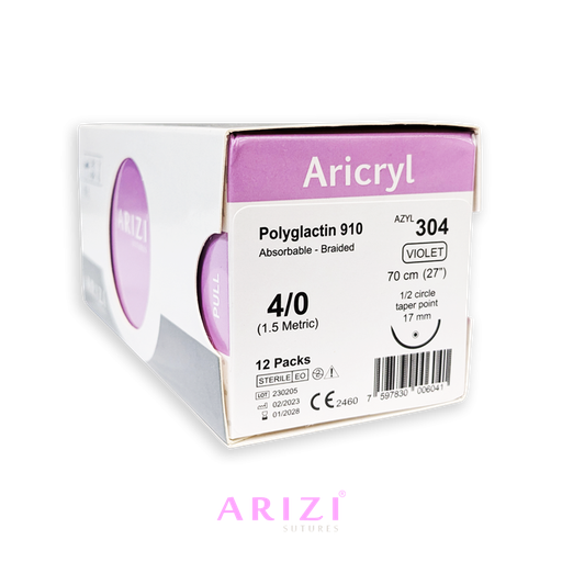 [SUT-ARI-ARI-KIT4] Sutura Aricryl 304 Acido Poliglicolico 4/0 70cm, aguja de 1/2 Circulo Punta Conica 17mm Caja x 12 Unds ARIZI Absorbible
