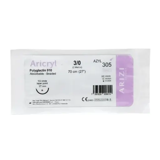 [SUT-ARI-ARI-BASE5] Sutura Aricryl 305: Acido Poliglicolico 3/0 70cm, aguja de 1/2 Circulo Punta Conica 17mm Und ARIZI Absorbible