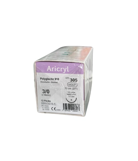 [SUT-ARI-ARI-KIT5] Sutura Aricryl 305: Acido Poliglicolico 3/0 70cm, aguja de 1/2 Circulo Punta Conica 17mm Caja x 12 Unds ARIZI Absorbible