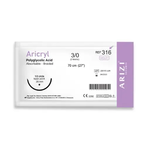 [SUT-ARI-ARI-BASE6] Sutura Aricryl 316 Acido Poliglicolico 3/0 70cm, aguja de 1/2 Circulo Punta Conica 26mm Und ARIZI Absorbible