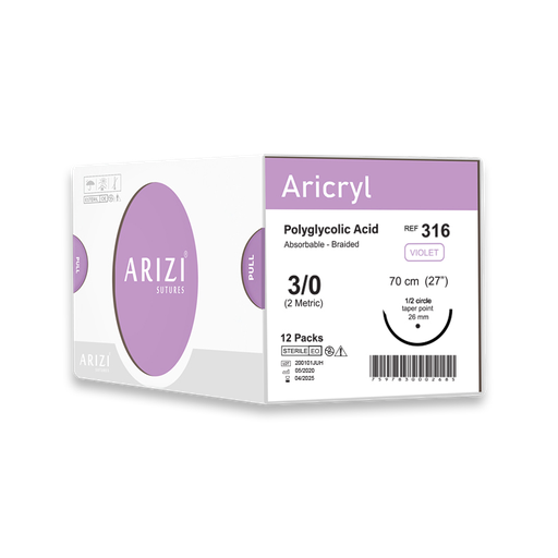 [SUT-ARI-ARI-KIT6] Sutura Aricryl 316 Acido Poliglicolico 3/0 70cm, aguja de 1/2 Circulo Punta Conica 26mm Caja x 12 Unds ARIZI Absorbible