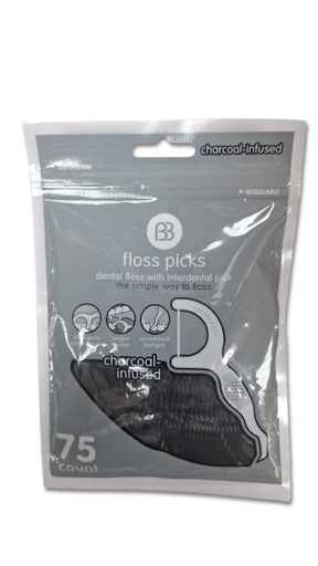 [HIL-DEN-BBF-BASE] Hilo Dental con Mango e Infusion de Carbon Activado Negro Set De 75 Unds BB FLOSS PICKS