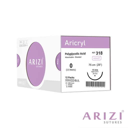 [SUT-ARI-ARI-KIT7] Sutura Aricryl 318: Ácido Poliglicólico Absorbible 0 - 75cm, Aguja de 1/2 Punta Cónica 26mm Caja x 12 Unds ARIZI Absorbible